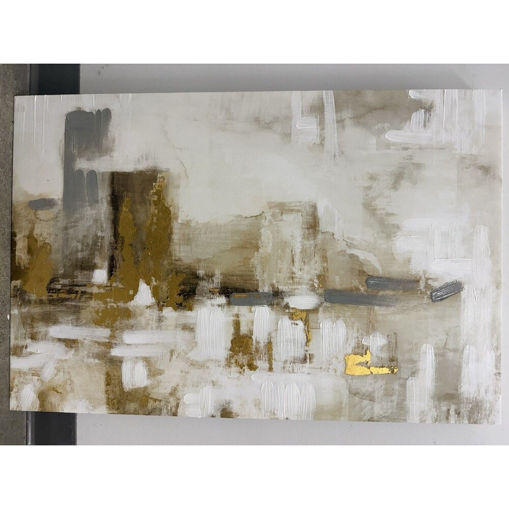 Abstract Canvas Wall Art Grey, Whit & Gold Pictures Modern Geometric Painting...